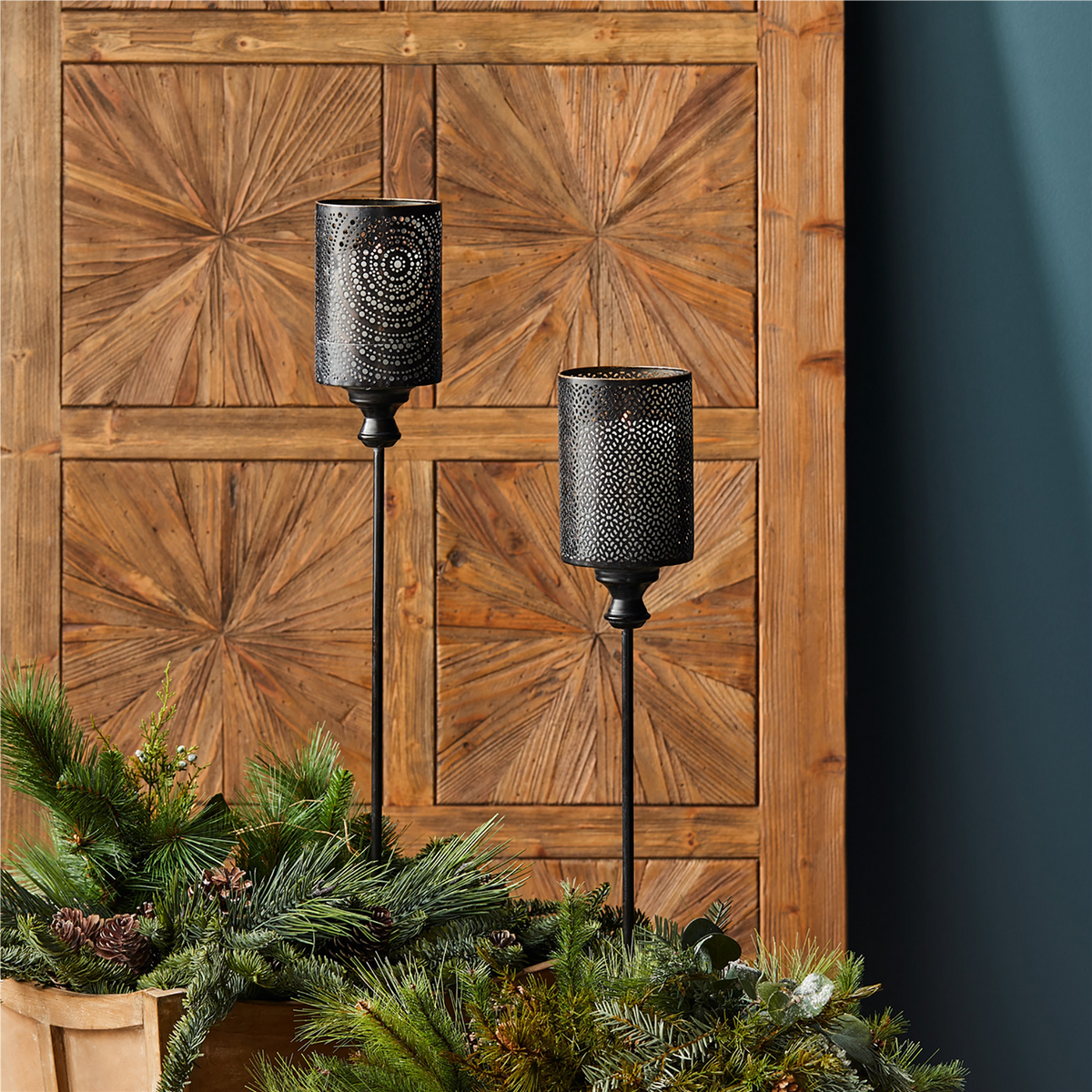 Black Punched Metal Candle Holder Garden Stake (Set of 4)