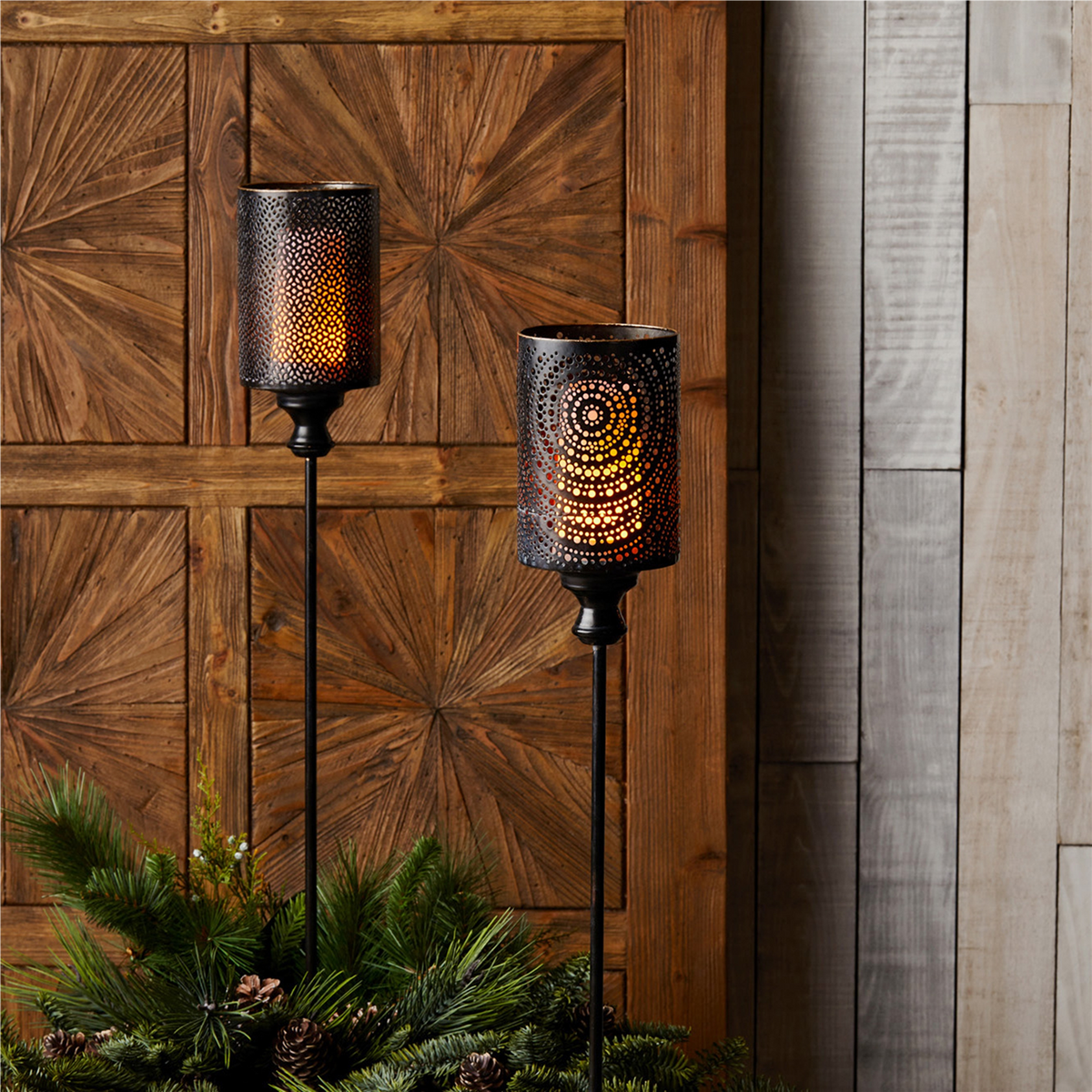 Black Punched Metal Candle Holder Garden Stake (Set of 4)
