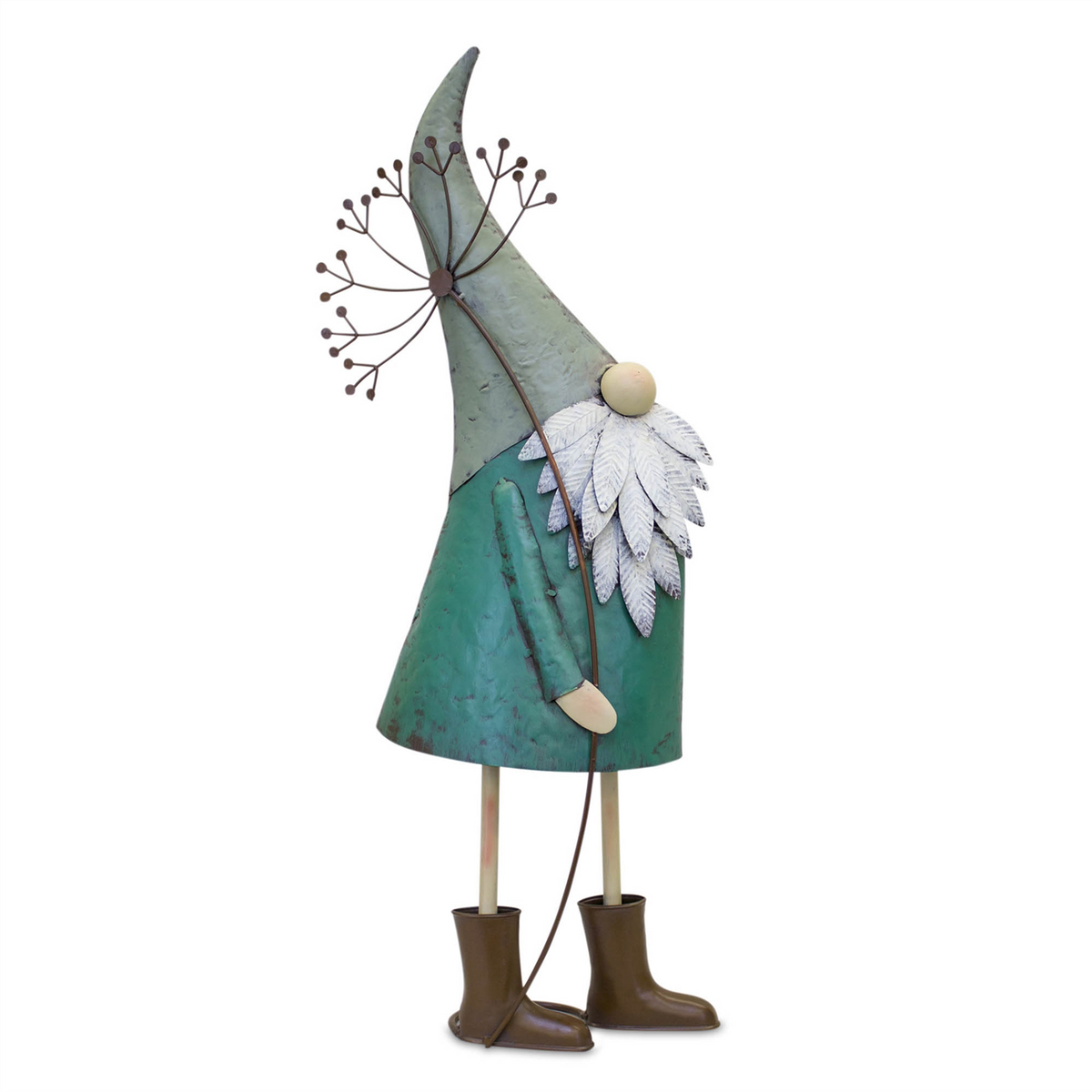 Iron Metal Standing Garden Gnome with Flower (Set of 2)